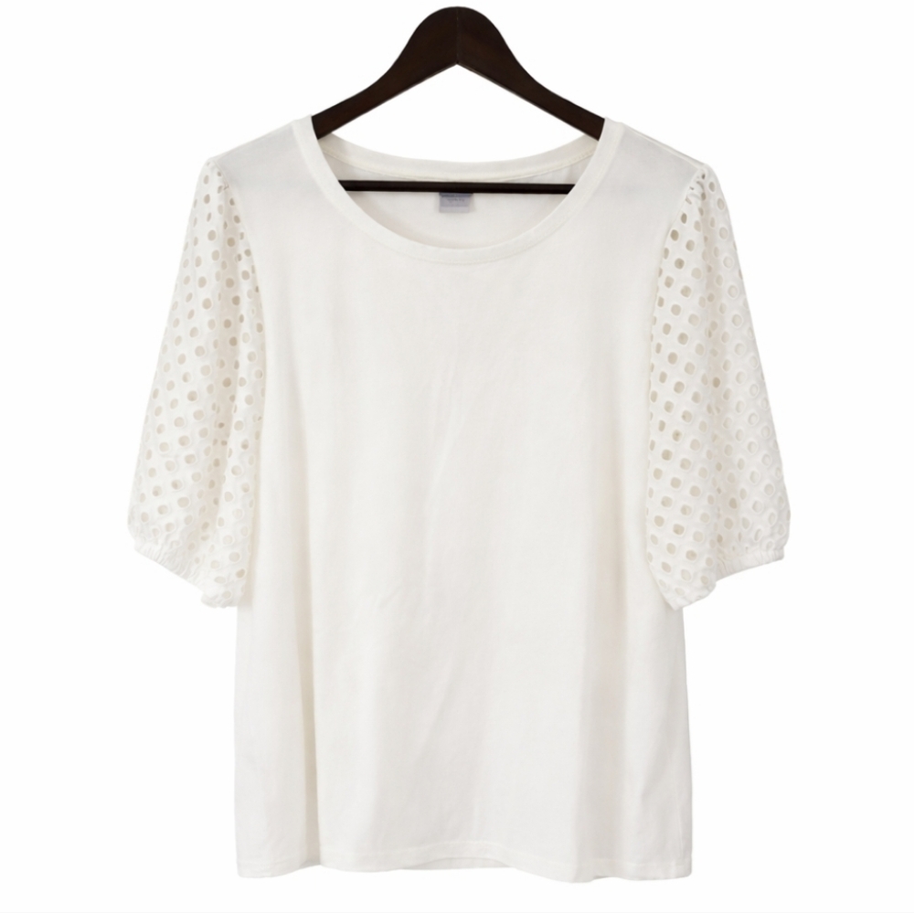 Chicos Cream Puff Sleeve Eyelet Pullover Top Sz 3 (XL)